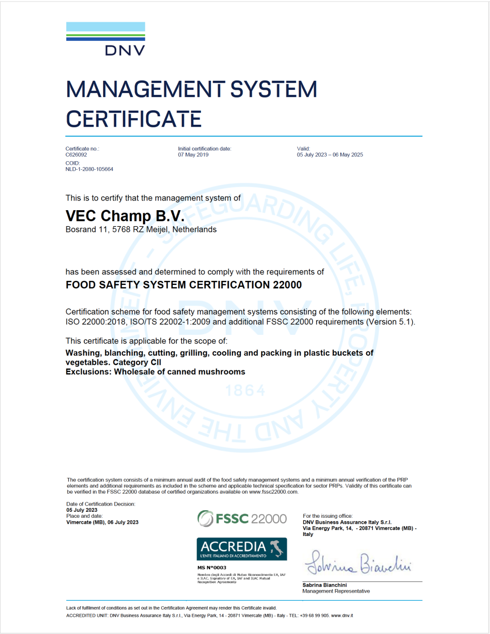 FSSC certificaat 22000 VEC Champ BV