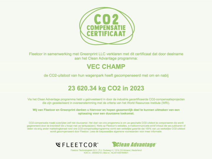 ﻿﻿VEC Champ CO2 Compensatie Certificaat behaald